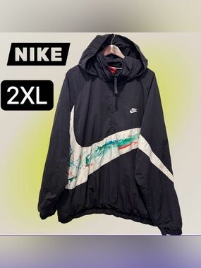 Nike Black Hooded Windbreaker with White Swoosh and Green/Orange Accents 2 XL.